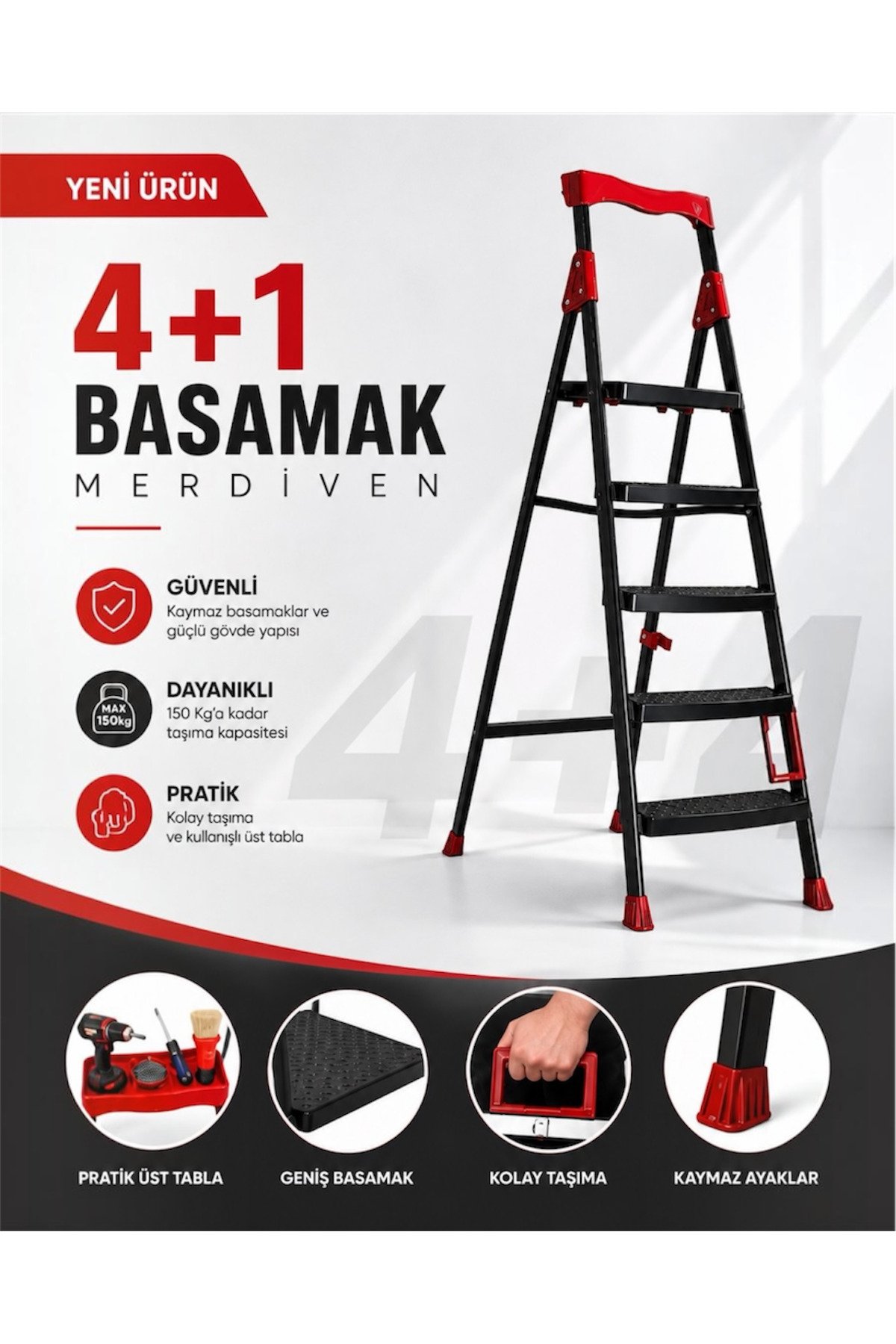 4+1 Geniş Basamaklı Kolay Taşıma Aparatlı Merdiven Siyah