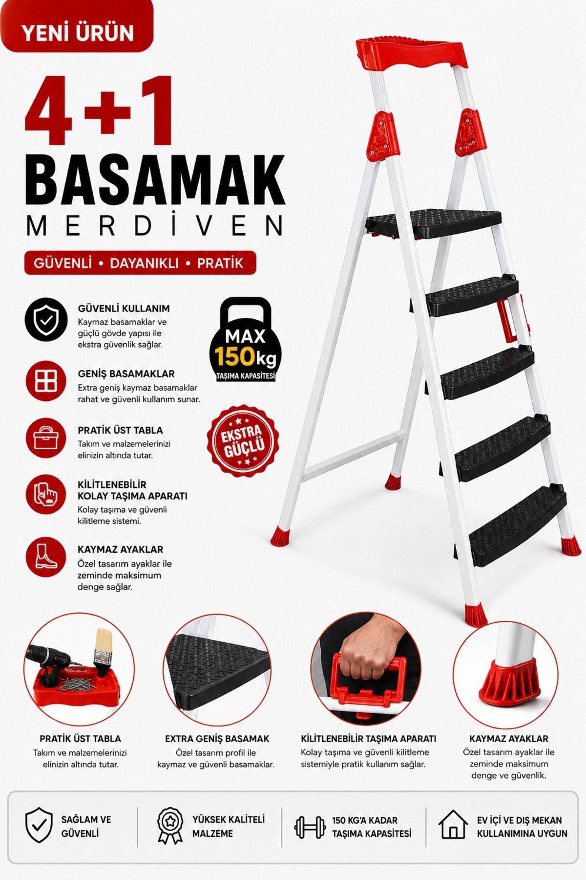 4+1 Geniş Basamaklı Kolay Taşıma Aparatlı Merdiven Beyaz