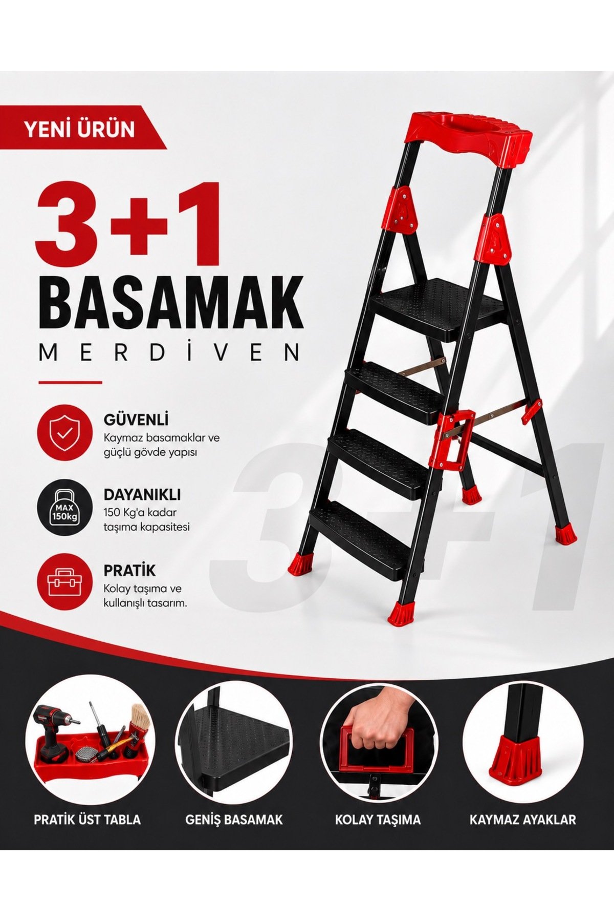 3+1 Geniş Basamaklı Kolay Taşıma Aparatlı Merdiven Siyah