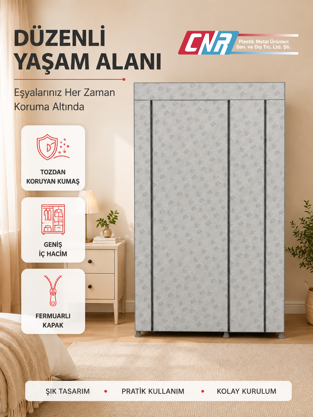 Katlanır Bez Dolap Metal Borulu Plastik Raflı Kolay Kurulum Bez Dolap Gardırop