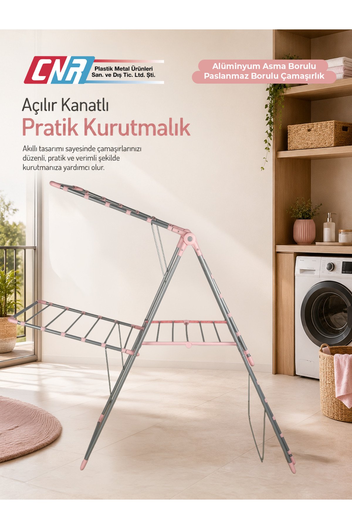 Çift Katlı İki Katlı Çamaşır Kurutmalık Çamaşırlık Olita Alüminyum Asma Borulu (Pembe)